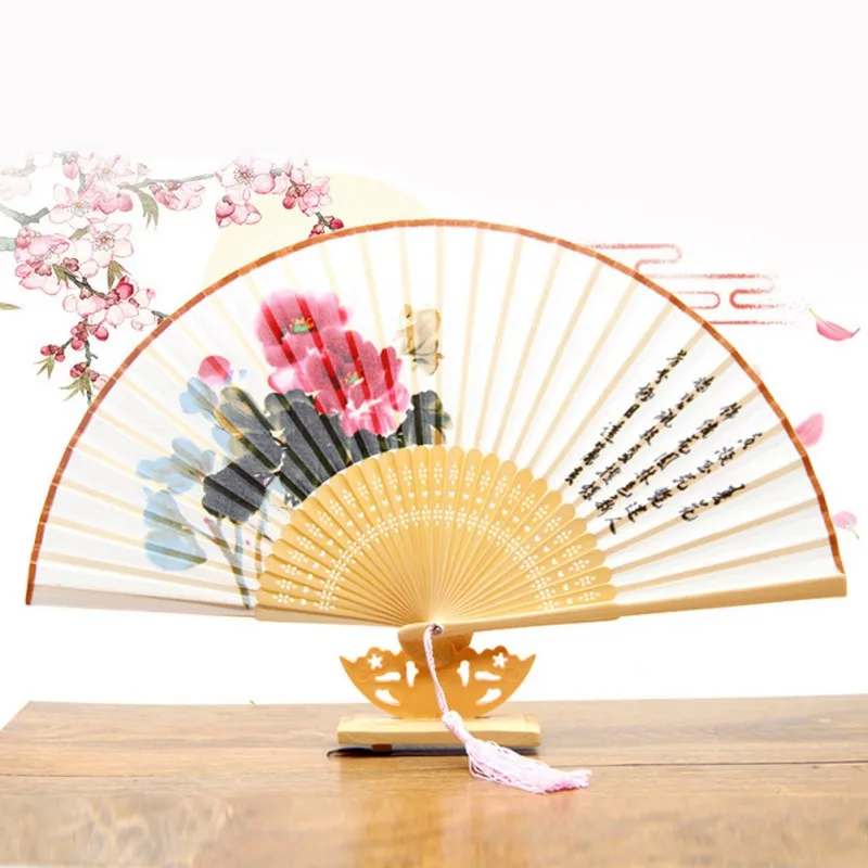 

Retro Folding Silk Fan Chinese Style Decorative Female Pocket Bamboo Handle Hand Fan Decorative Fans Painting Home Decor G