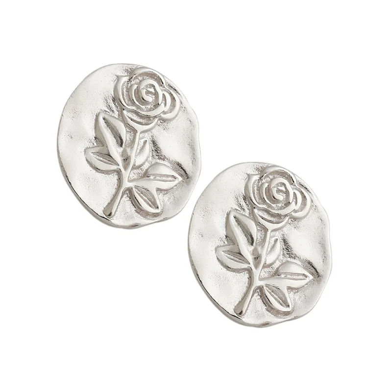 

Real 925 sterling silver rose flowerearrings for women fine jewelry, vintage irregular round silver 925 earings woman girl gifts