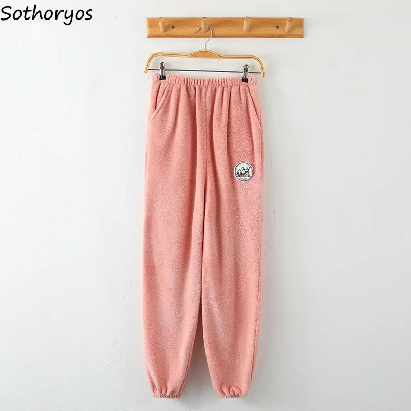

Sleep Bottoms Women Thicker Basic Elastic Waist Cozy Loose Warm Flannel Printed Students Bundle Trousers Nightwear Pockets Chic