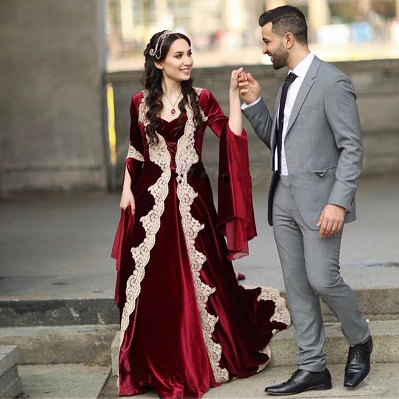 Eightale Caftan Burgundy Evening Dress Morocco Kaftan Velvet Sweetheart Arabic Dubai Appliques Long Sleeves Prom Party Dress 