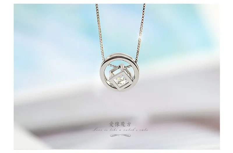 POFUNUO 925 Sterling Silver Cube Zircon Pendant Neckace 3 in 1 Women Stylish Birthday Gift Box Chain choker collares Necklaces | Украшения