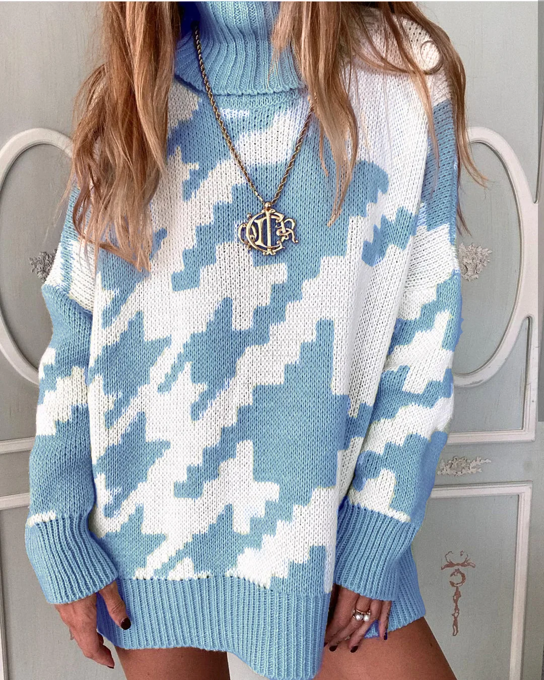 

Zoulv 2020 Winter Retro Geometric Houndstooth Knitted Casual Pullover Long Street Joker Trend High Lapel Colorful Loose Sweater