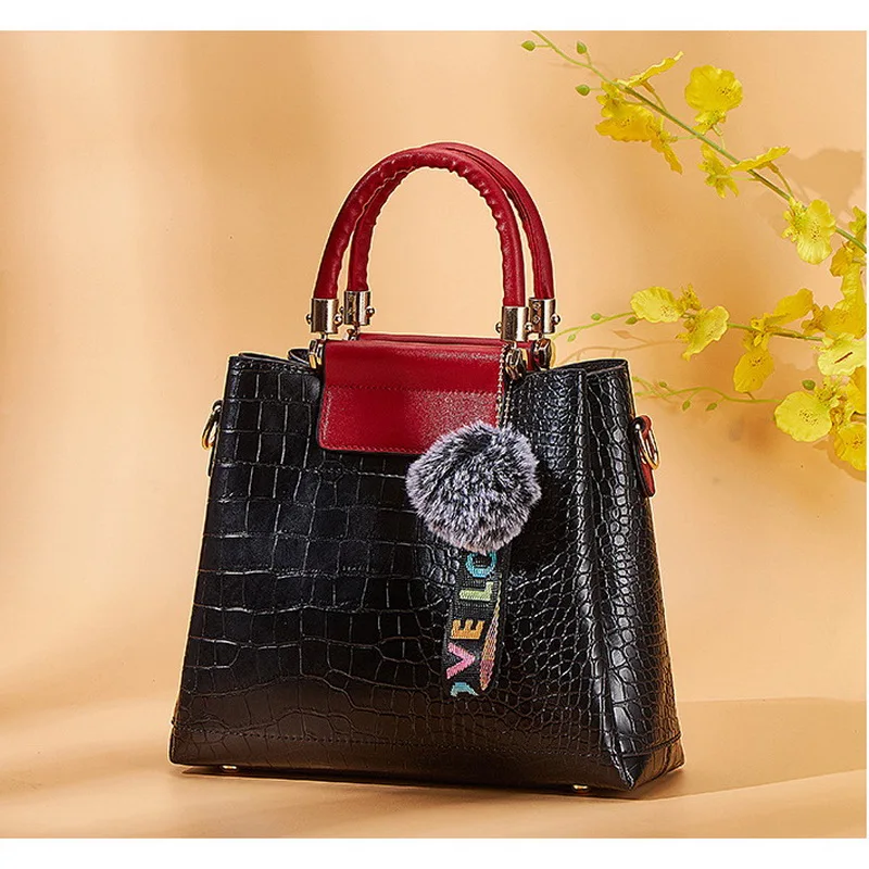 FUNMARDI Luxury Brand Handbag Women Alligator Patchwork Shoulder Bag Crossbody New PU Women Bag Trunk Tote Bag Hairball WLHB2025