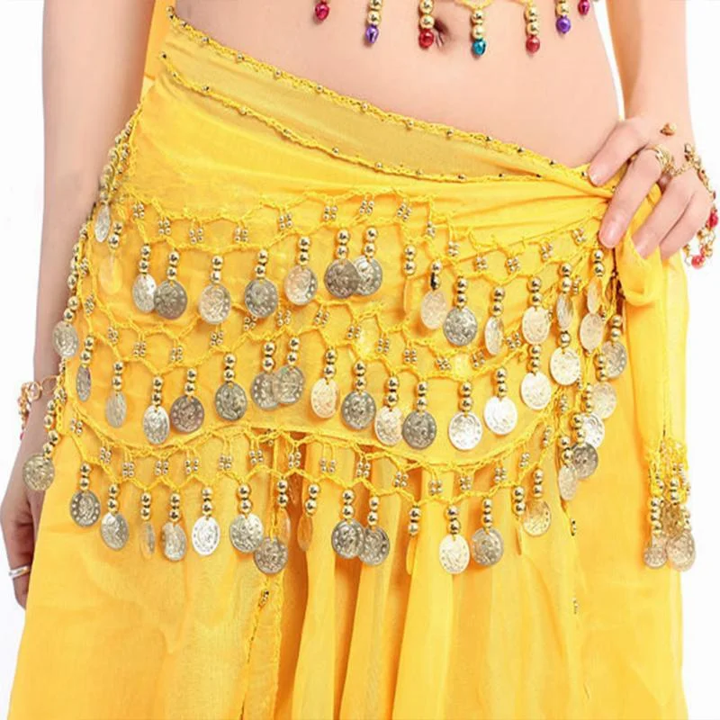 

Lady Women Belly Dance Hip Scarf Chiffon 3 Row Belt Skirt With Gold Bellydance Tone Coins Waist Chain Wrap Adult Dance Wear...