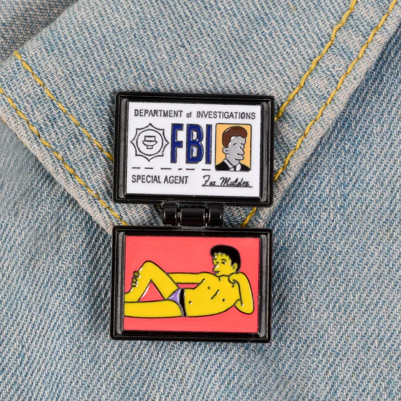 FBI Pins Fox Mulder ID Card Brooches Fun Cartoon Enamel Pins Lapel Pins Badges Movie Jewelry Brooches for Geek Gift
