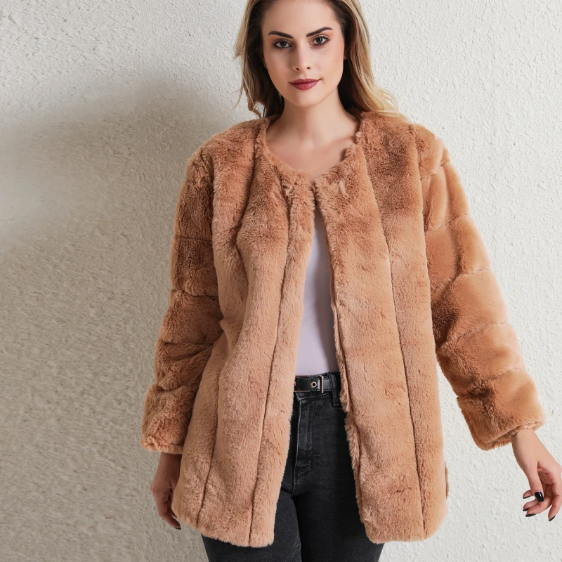 

1pc Warm Mink Coats Women Winter Top Fashion Pink FAUX Fur Coat Elegant Thick Warm Outerwear Fake Fur Woman Jacket all-match