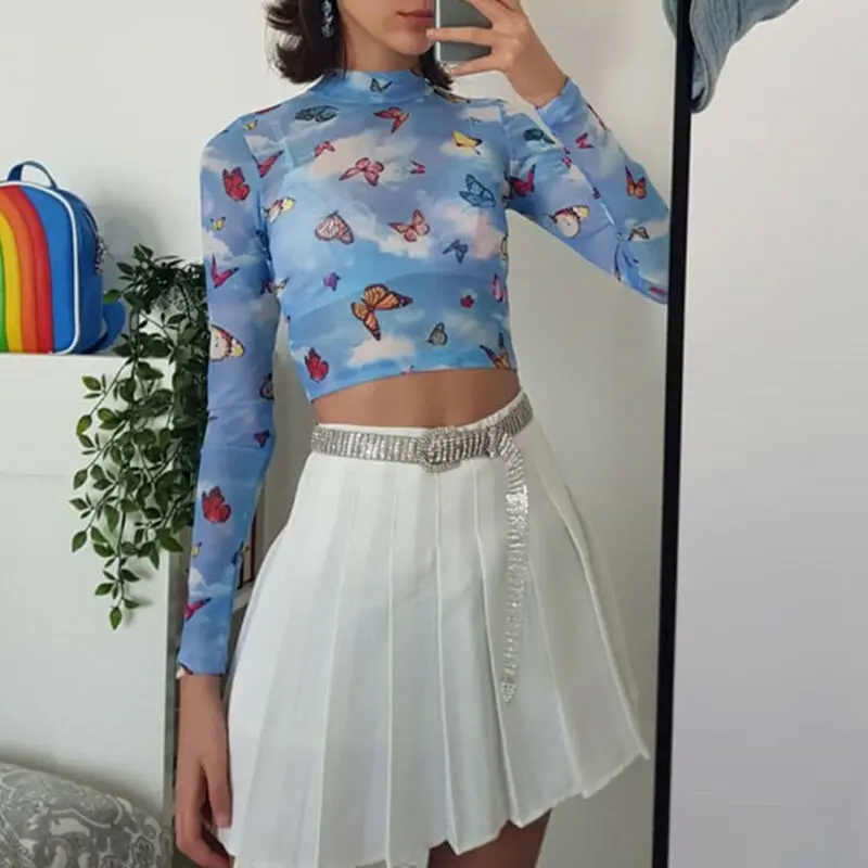 Sexy Women's See through Lace Mesh Sheer Long Sleeve Butterfly Print Crop Top T Shirt Tee Women Clothes Tops | Женская одежда