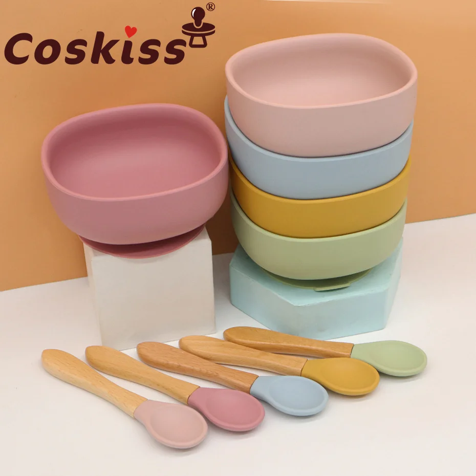 

Coskiss, детская силиконовая чаша, вилка, ложка, силиконовая чаша и ложка, Обучающие блюда, посуда, присоска, миска без БФА, детский продукт