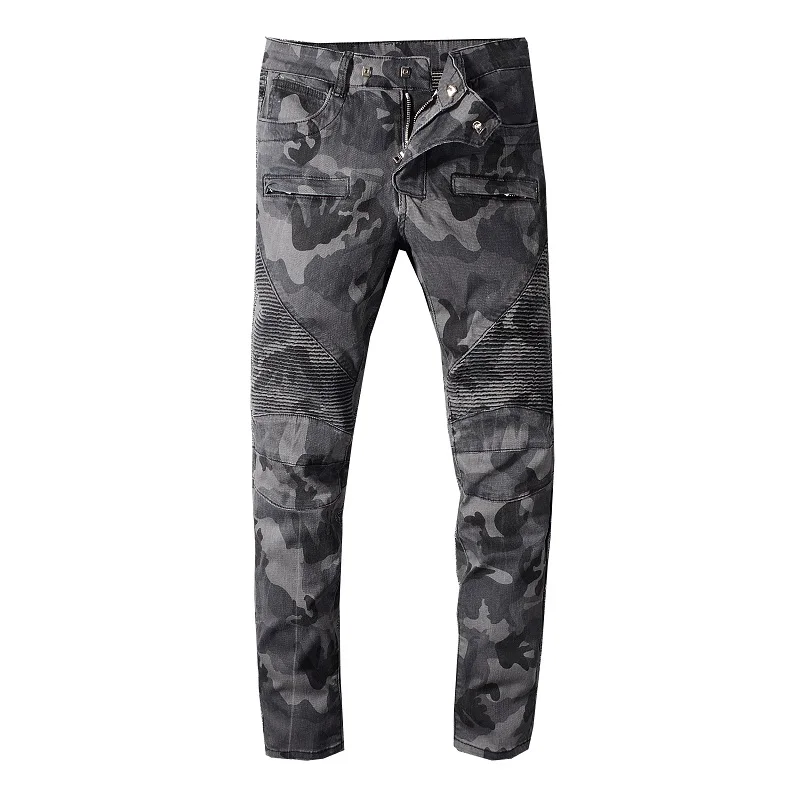 

Fashion elastic camouflage European and American style denim men's slim motorcycle jeans