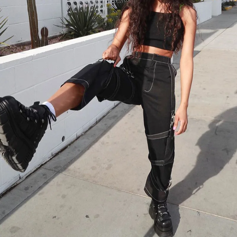 

High Waist Black Cargo Pants Women Plus Size Ribbon Streetwear Punk Wide Leg Pants Gothic Pockets Streetwear Joggers