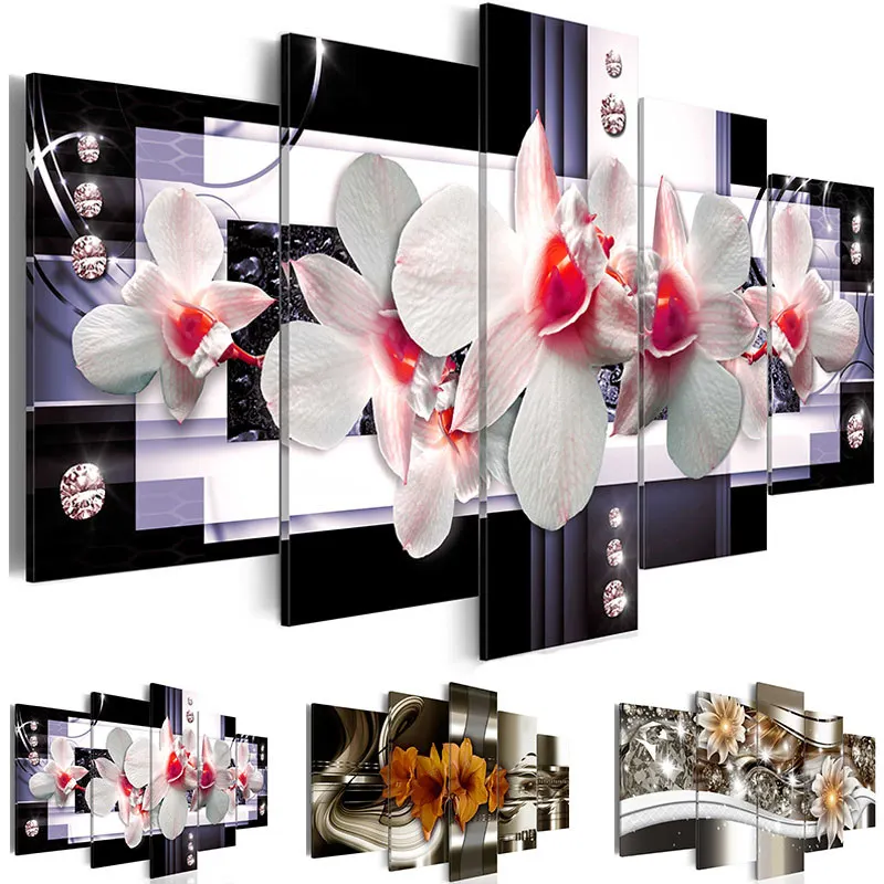 

5 Pieces Orchids Flowers Wall Painting Floral Poster Modern Canvas Art Modular Pictures for Living Room Bedroom Home Decor