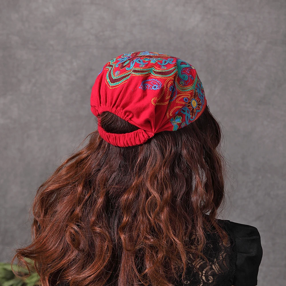 

Women Mexican Style Ethnic Vintage Embroidery Flowers Bandanas Red Print Hat winter hats for women
