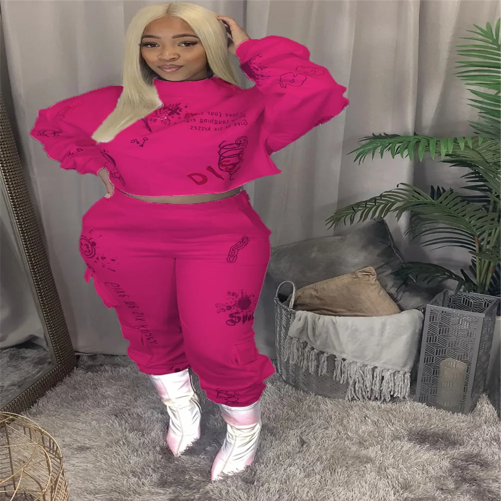 

2020 Women's 2 Piece Outfits Set Long Sleeve Mock Neck Loose Pullover Cargo Pants Set Loungewear T-shirt Blouse Sweatshirt Tunic