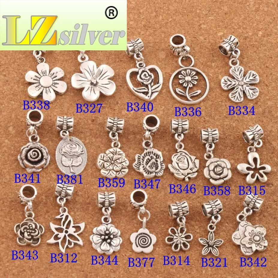 Flowers Dangle Alloy Big Hole Beads 190pcs Zinc Alloy Fit European Charm Bracelet Jewelry DIY BM55