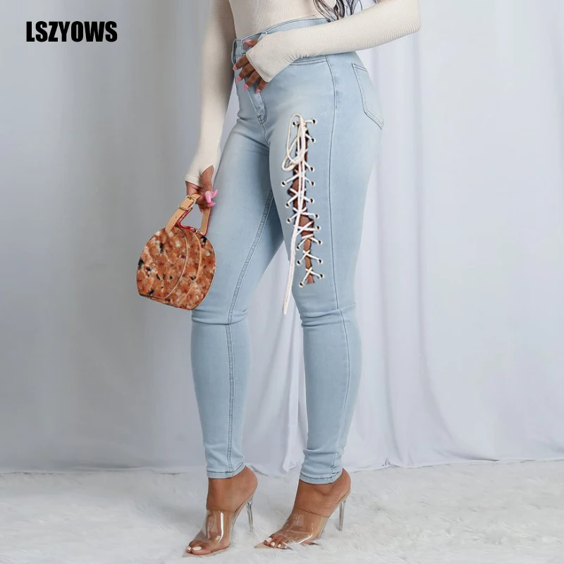 

Summer Women Lace Up Denim Pants Fashion Vintage High Waist Ripped Skinny Jeans Ladies Casual Bandage Hollow Out Pencil Trousers