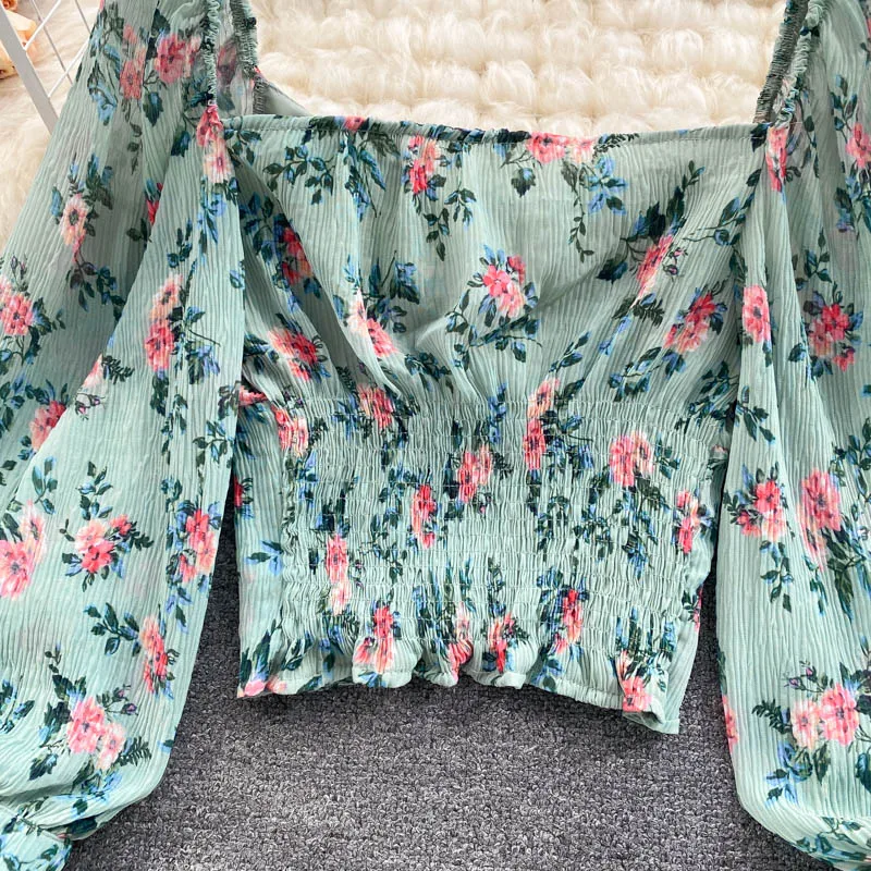 

Summer New Style Chiffon Blouse Women's Collar Age Reduction Trumpet Sleeves Blusa Slim Short Clavicle Shirt DK1128