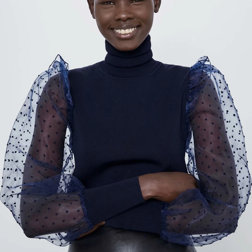 Женский свитер с воротником-стойкой ZA трендовый длинными рукавами и эластичными