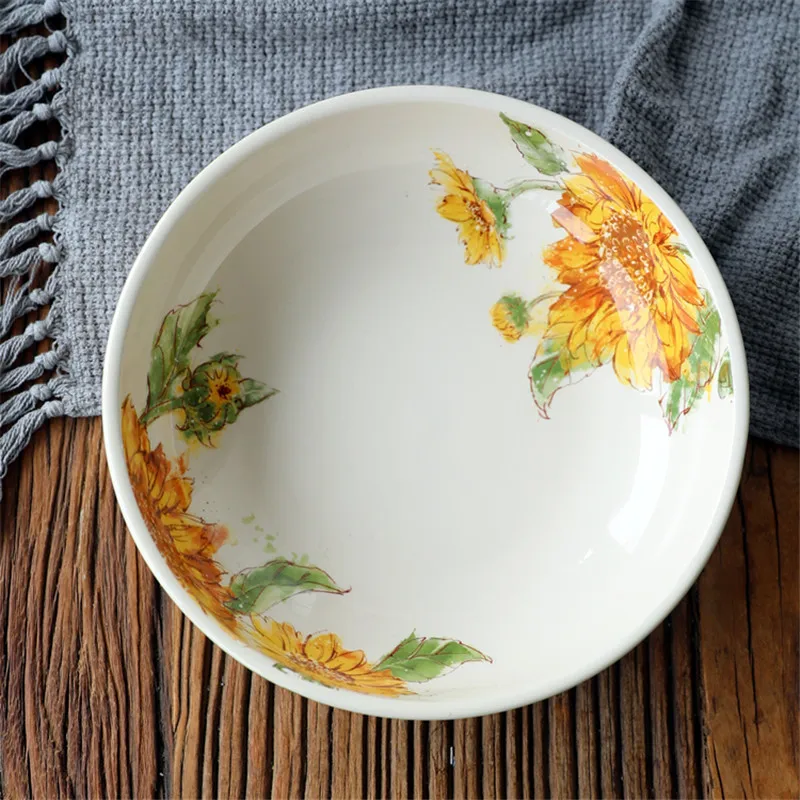 

Creative rural hand painted sunflower ceramic round plate Western style tableware steak salad dessert cake sushi deep plate