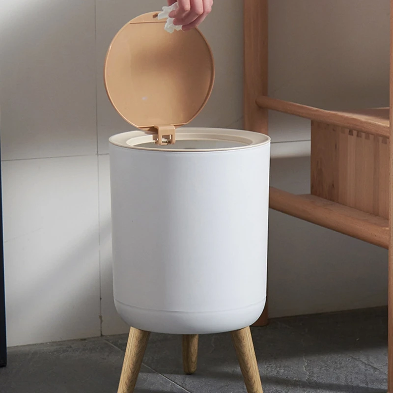 

Wooden Trash Can with Lid Press Garbage Rubbish Bin High Foot Waste Container Organizer Bathroom Kitchen Decoration