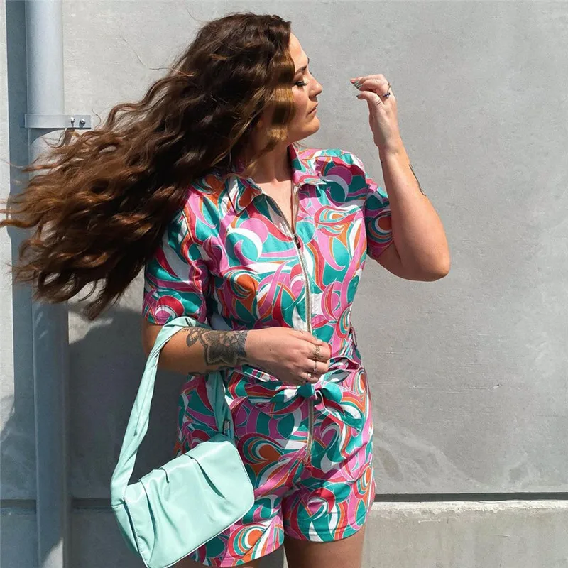 

2021 Casual Rompers Women Jumpsuits Fashion Summer Short Sleeve Zipper Playsuits Female Sweet Print Slim Women Tops with Sashes