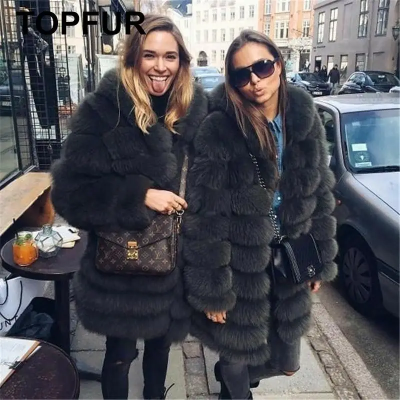 Женская шуба из натурального Лисьего меха зимняя с капюшоном модная