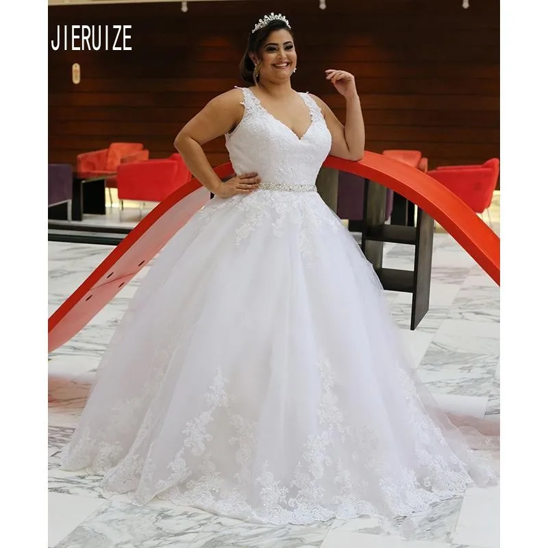 JIERUIZE New Ball Gown Wedding Dresses V Neck Lace Up Back Plus Size Bridal Gowns Beading Sashes Lace Appliques robe de mariee