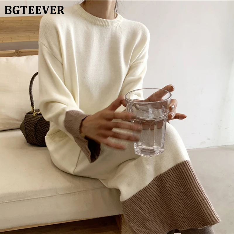 Женское платье-свитер с карманами BGTEEVER свободное платье-джемпер средней длины