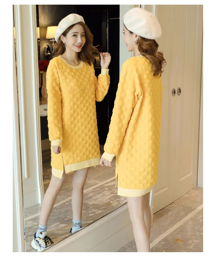 New Winter Round Collar Postpartum Women Fleece Lactation Dress Long High-Low Zipper Fly Maternity Breastfeeding Dress Cute