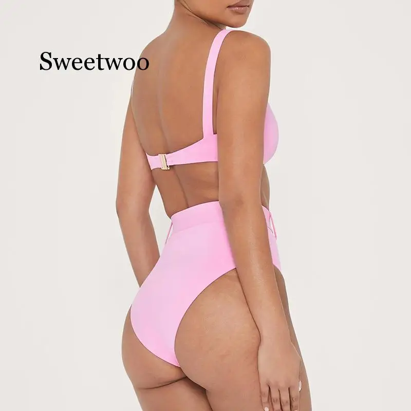Бикини с высокой талией 2020 женский розовый купальный костюм купальники ремнем