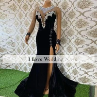 black mermaid velvet evening dress formal long sleeves party prom gown appliqued beads custom made floor length robe de mari%c3%a9e