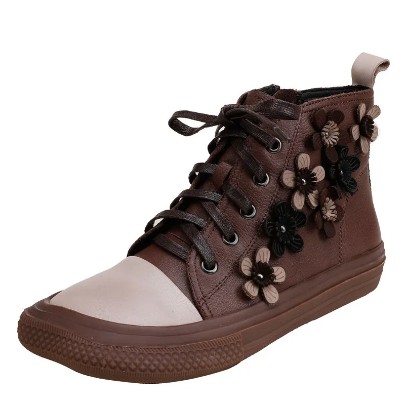 

Vintage Lace Up Flat Ankle Botines Shoes Woman Flower Platform Botas Sneakers New Fashion Women Genuine Leather Boots Handmade
