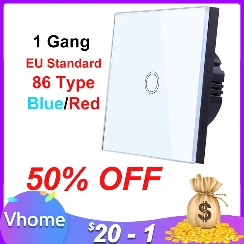 Vhome, 1 комплект, 1 способ, сенсорный выключатель, кристальная стеклянная панель, светодиодный светильник, сенсорный экран, переключатель, ЕС, Великобритания, 220 В, лампа, сенсорный датчик, настенный переключатель