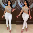 Женский сетчатый комбинезон с блестящими стразами, на одно плечо