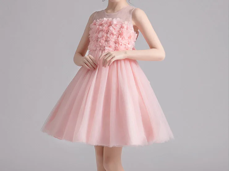 

Fashionable childrens party dress Beautiful wedding pridesmaid dress Mesh shoulders elegant dress for kids