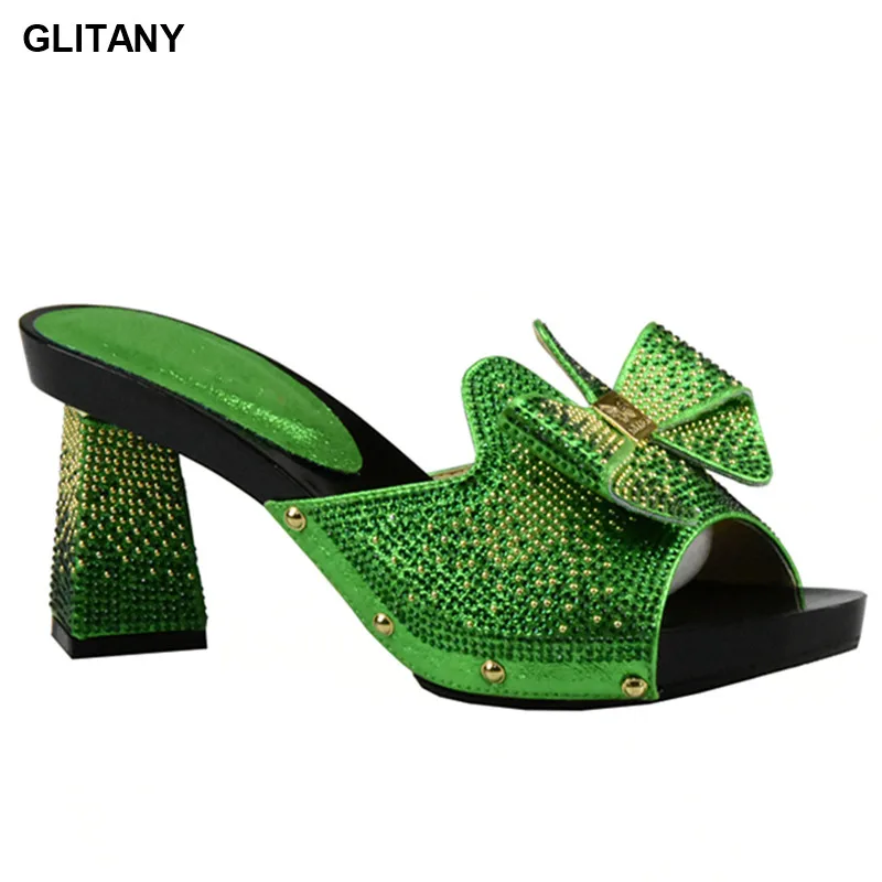 

Latest Green Color Italian Ladies Sexy High Heels Pumps Rhinestones Large Size 37 To 43 High Quality Slip on Women Party Shoes