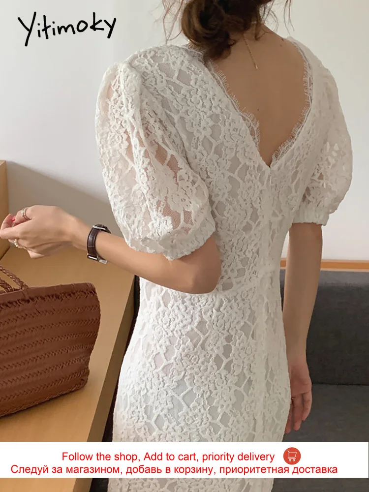 

Yitimoky Vintage Elegant Lace Dresses for Women 2021 High Waist V-Neck Puff Sleeve A-Line Summer Korean Fashion New White Black