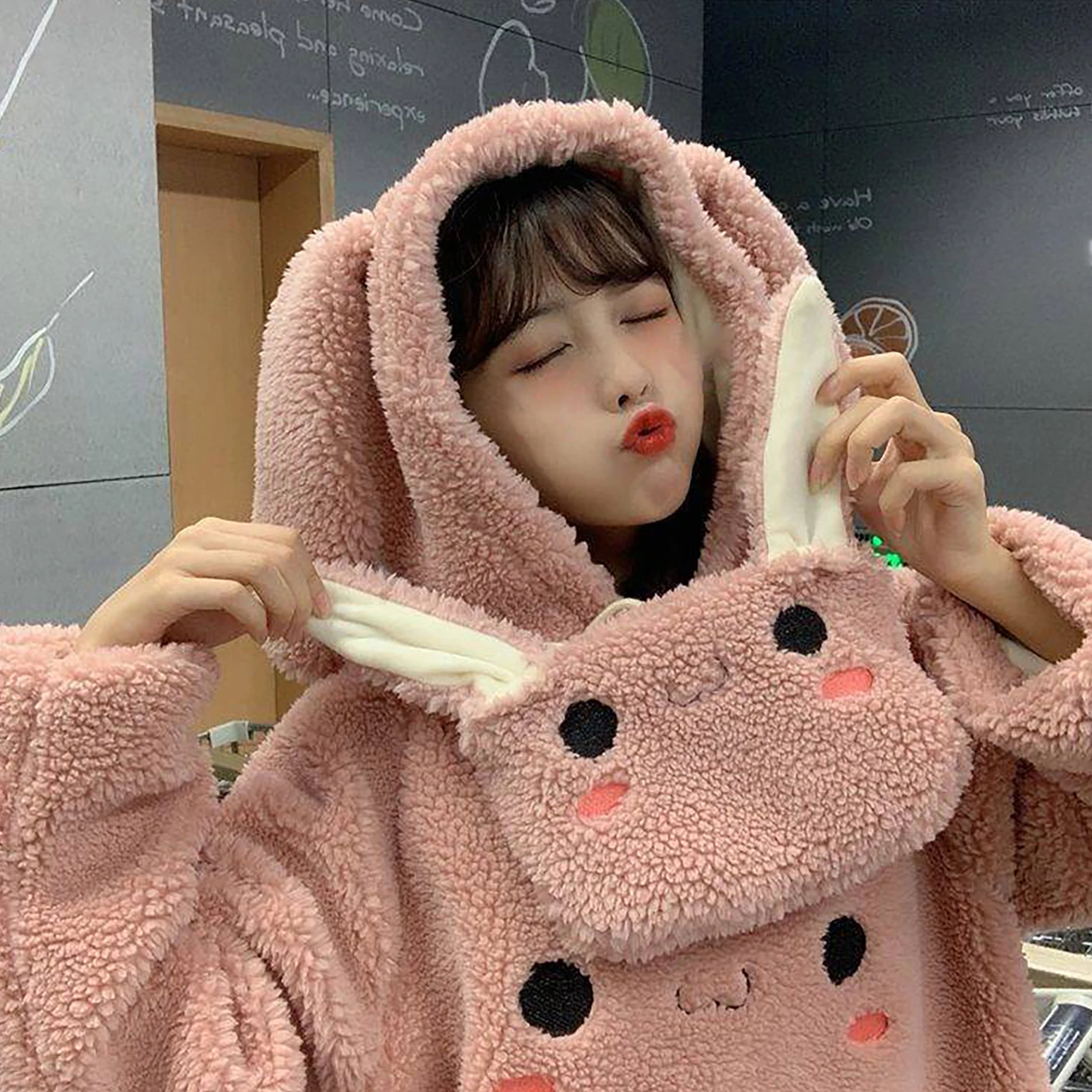 

Women Autumn Winter Cute Ears Hoodie Faux Fleece Long Sleeve Sweatshirt with Bag