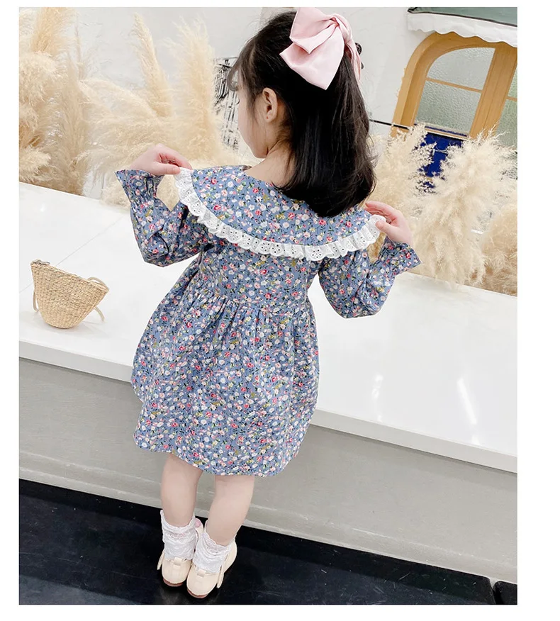 

Spring And Autumn New Children'S Clothing Korean Baby Girl Floral Long-Sleeved Dress Lace Peter Pan Collar Princess Dress
