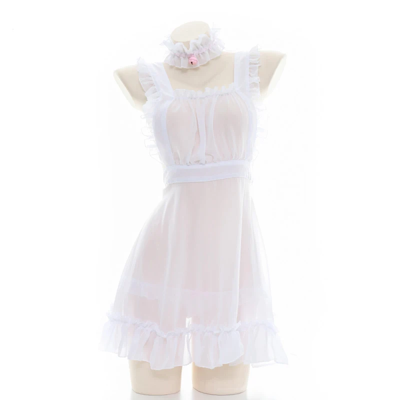 

Sexy Semi-transparent Maid Outfit Apron Cosplay Girls Sling Waveselvedge Dress Women Private Room Pajamas Lace Collar Bells