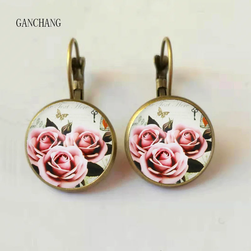 Новые розовые красивые серьги цвета розового золота ретро Круглые Стекло ручной