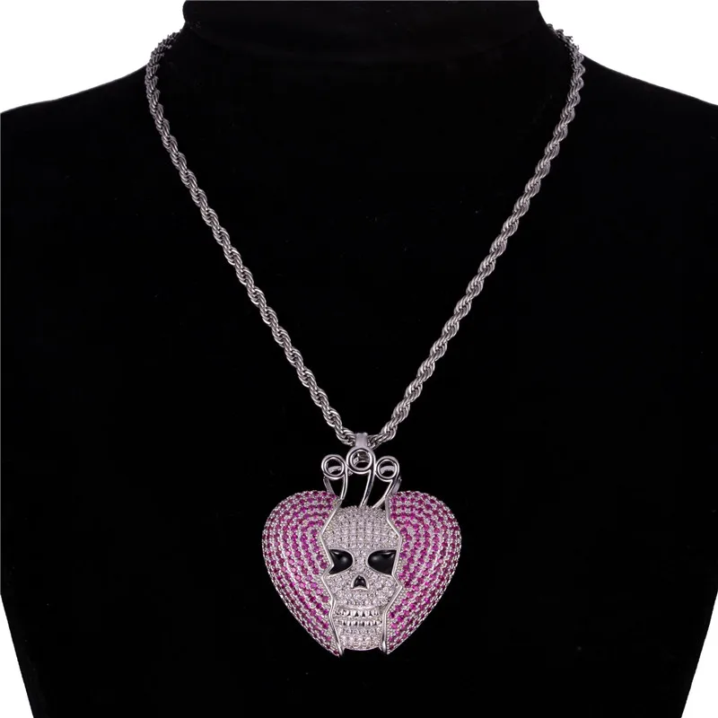 

Hip Hop Iced Out Heart Skull Pendant & Necklace For Men Women AAA Zircon Crystal Party Jewelry With Stainless Steel Chains