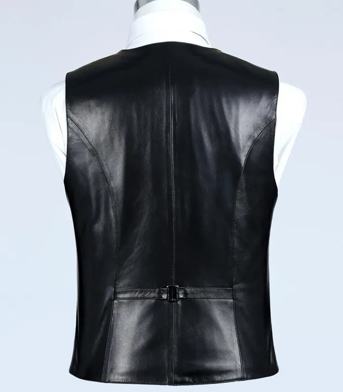 Тонкий черный Мужской приталенный жилет из натуральной кожи повседневный
