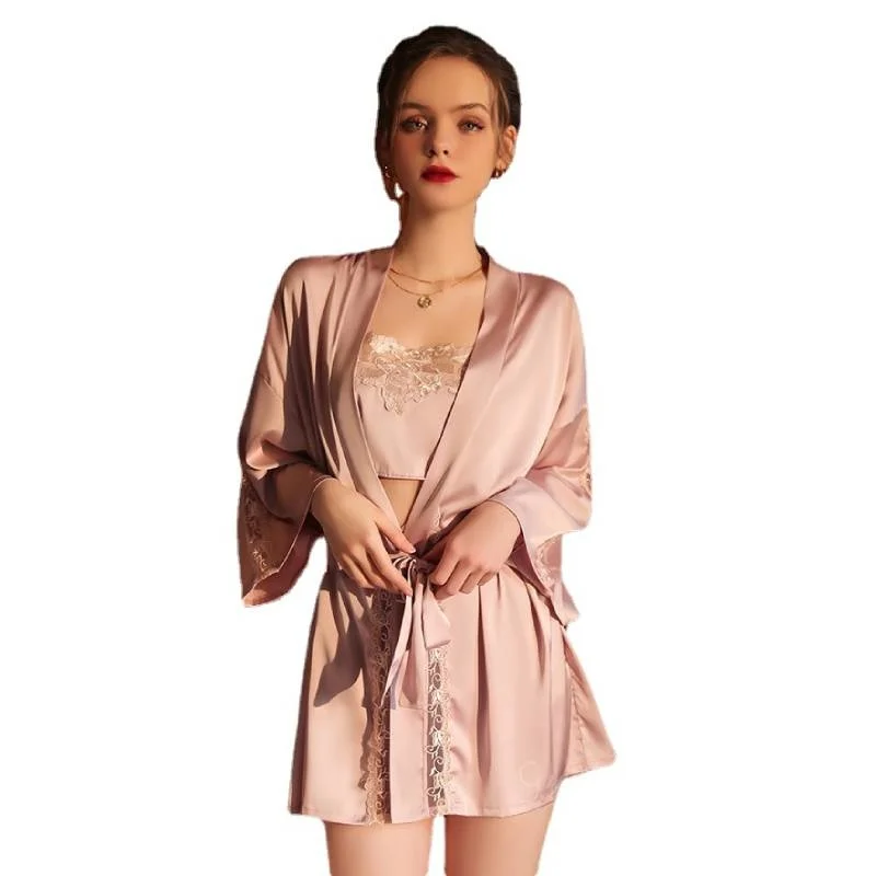 

Vestido de encaje satinado para mujer, ropa de dormir Sexy, conjunto de lencera, falda con tirantes, pijamas Albornoz, ropa
