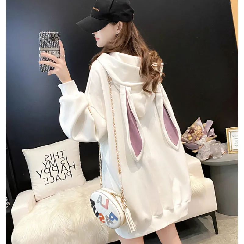 

2021 Fashion Animal Hoodie Women Kawaii Sweet Rabbit Ears Sweatshirts and Hoodies Solid Pocket Long Sleeve Velvet Pullovers Tops