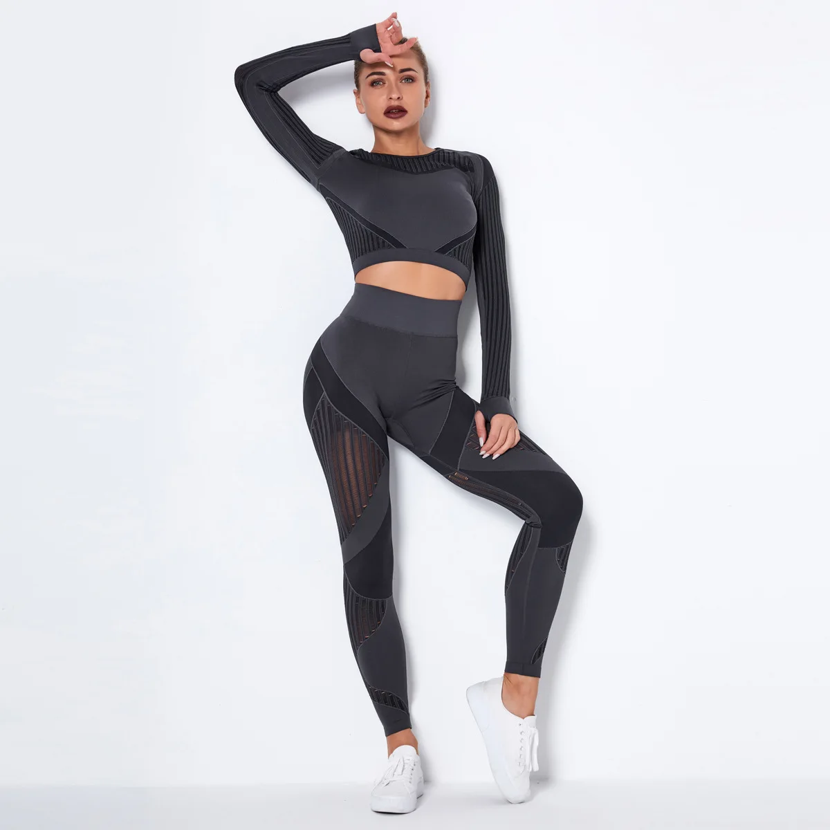 

New Seamless Knitted Yoga Set Long Sleeve Yoga Shirts Women's LeggingsTwo Pieces Set Gym Fitness Sport Suit Workout Tracksuit