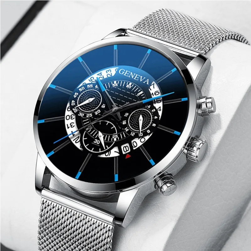 

Geneva Men's Fashion Business Watch with Clock, Stainless Steel Calendar Mesh Bracelet, Quartz Watch, Men's Watch
