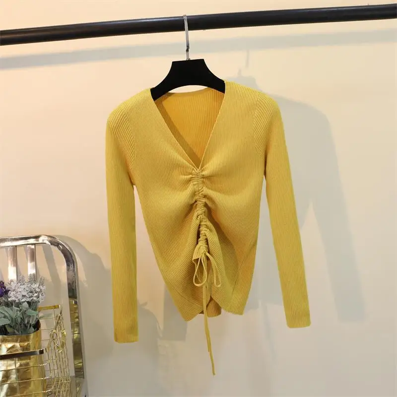

2020 Autumn New Arrival Core Yarn V-neck Drawstring Sweater Slim Pullover Sweater Long Sleeve Bottoming Sweater Free Shipping