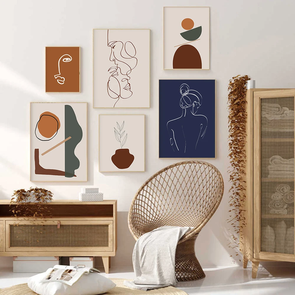 

Modern Scandinavian Poster Burnt Orange Art Canvas Painting Abstract Art Print Line Art Wall Picture For Living Room Home Decor