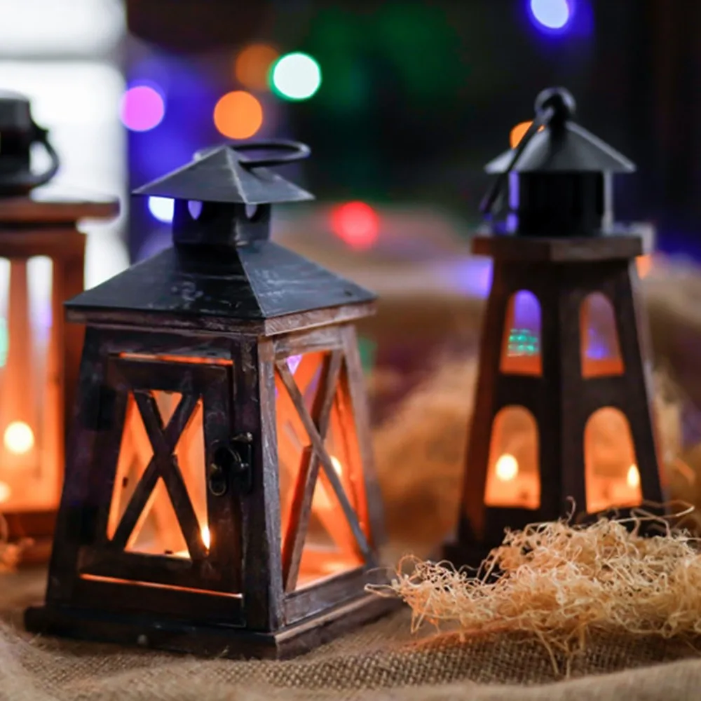 Gray Wind Light Candle Holders Wrought Iron Candlestick Wooden Wind Light Castle Lighthouse Decor Vintage Old Charcoal Color