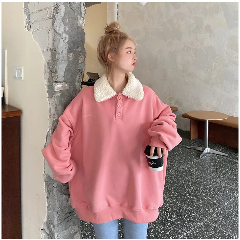 

Autumn Spring Women Hoodies Fashion Patchwork Long Sleeve Casual Lambs Wool Female Polo Pullovers Loose Plus Velvet Tops